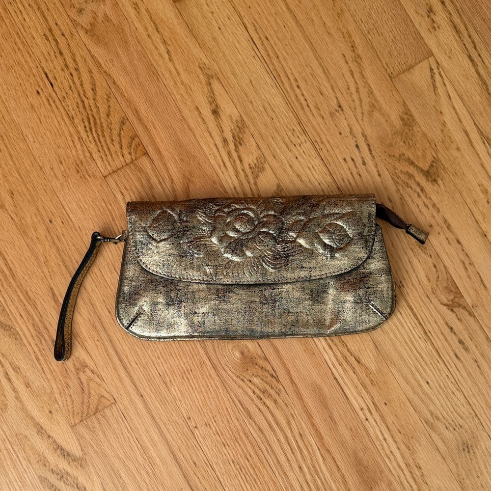 Patricia Nash Baku Gold Crossbody Clutch with Floral Design
